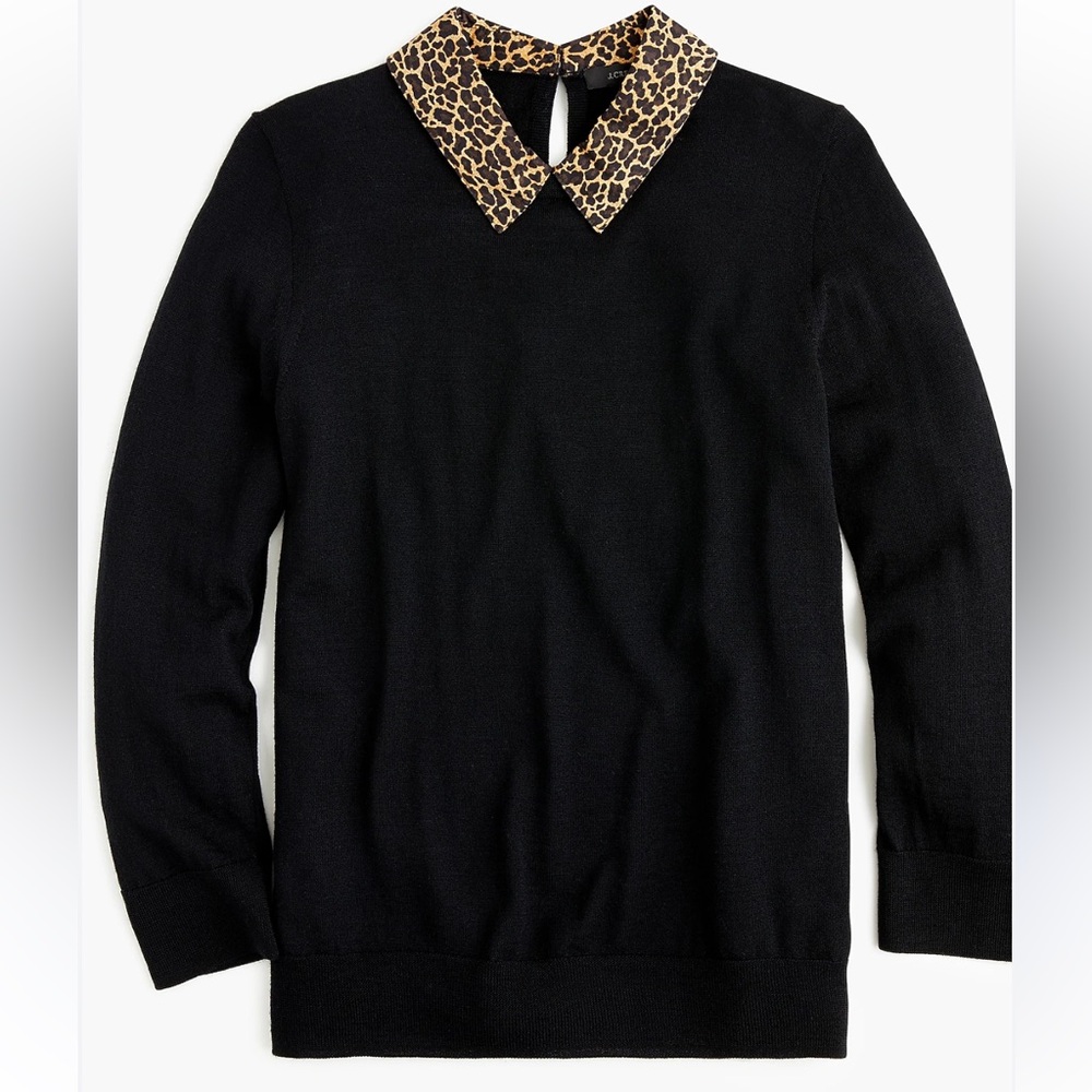 JCrew Black Tippi sweater with leopard collar Size Small